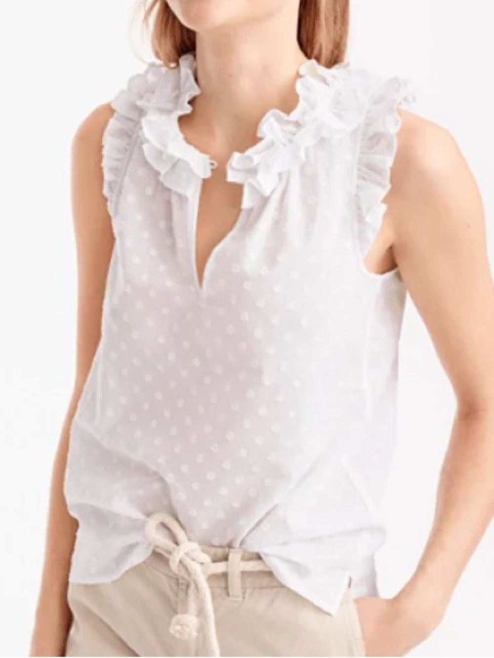 NWOT J Crew Swiss Dot Ruffled Collar Keyhole Sleeveless Top White Cotton Blouse